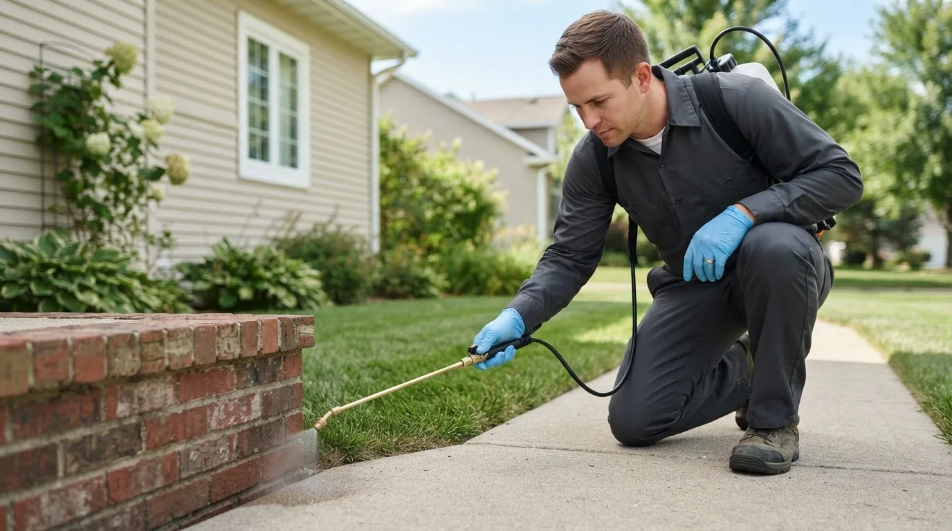 Pest control technician treating a home near Baxter, IA